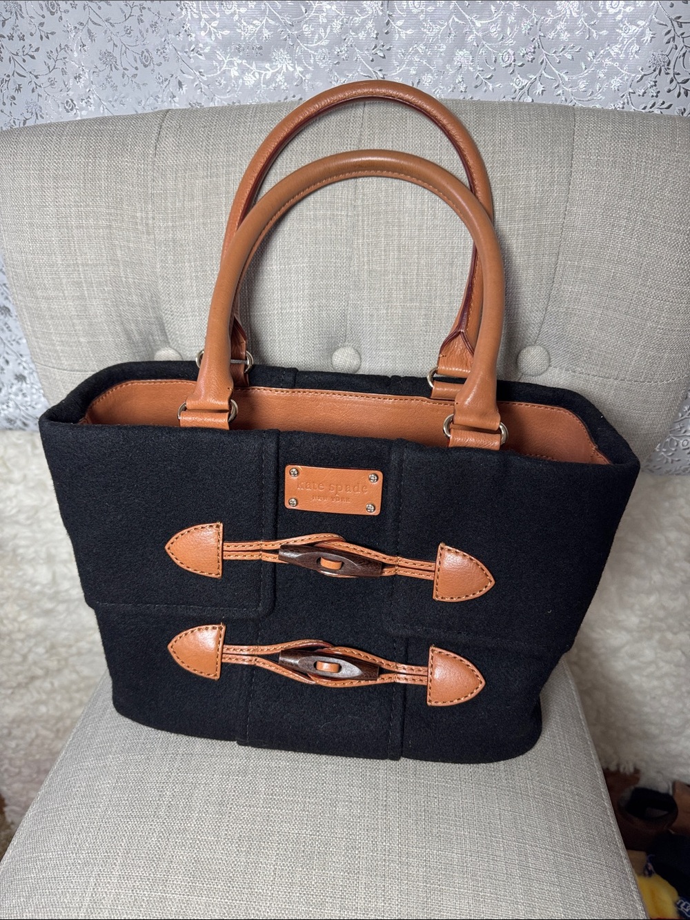 kate spade Black Wool Tote with Tan Leather Trim and Toggle Accents